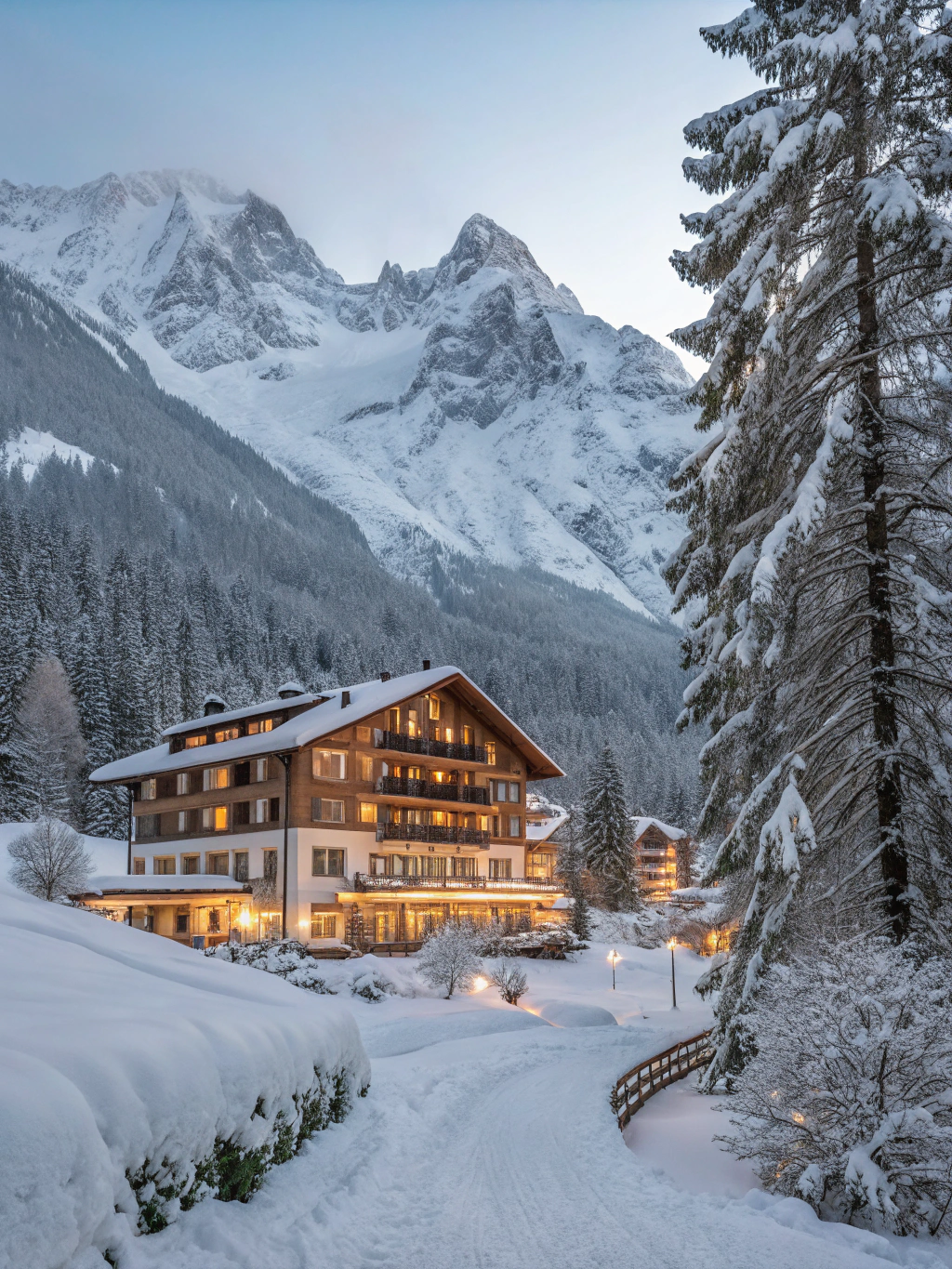 Grand luxury palatial hotel overlooking snowy Engadin peaks and frozen Lake St. Moritz in Switzerland