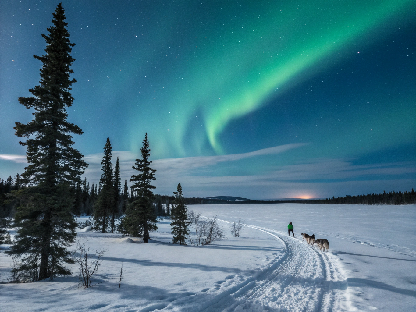 Vill subarktisk tundra og buktende elv under klar nordisk himmel