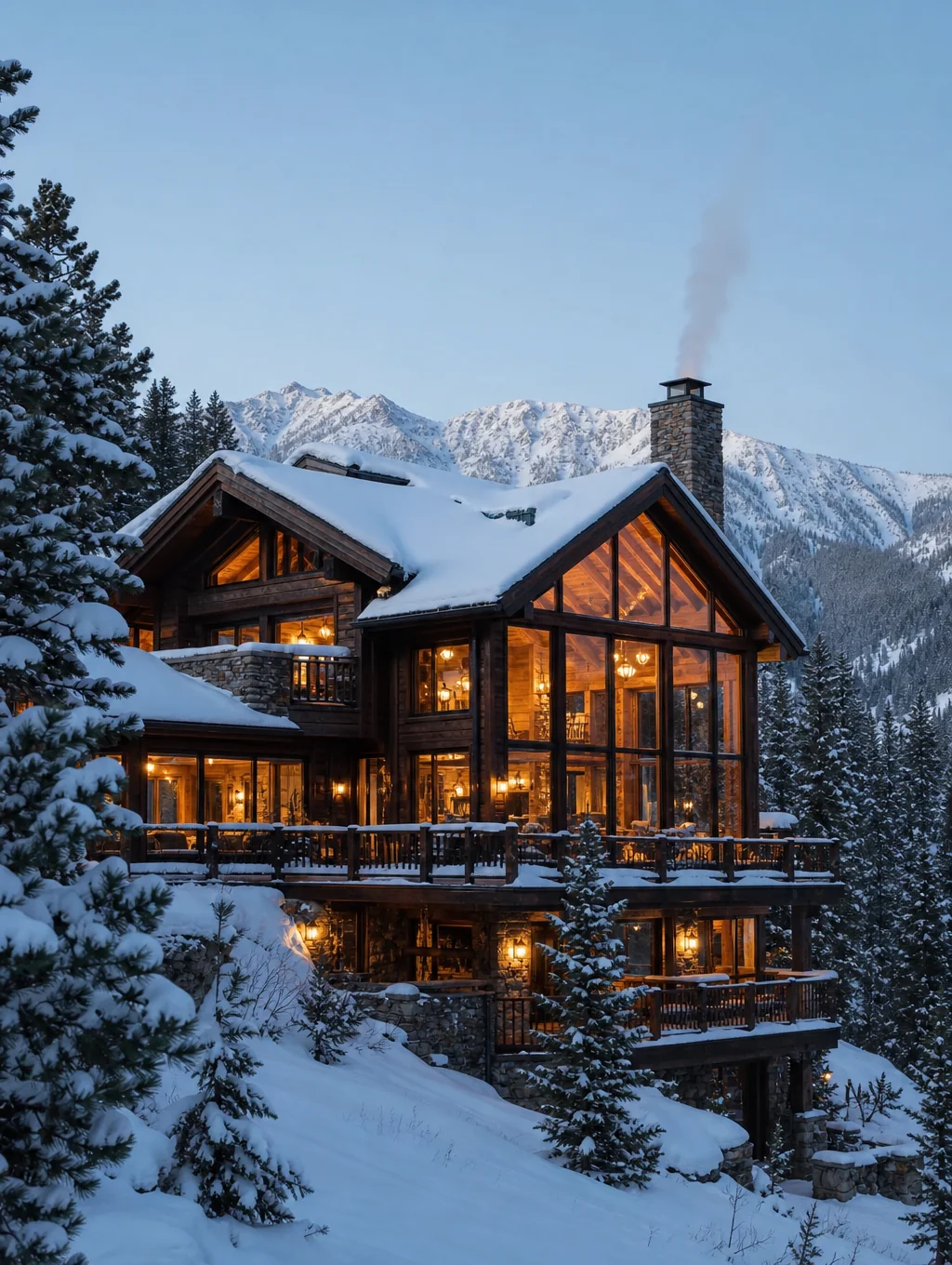 Exclusive timber chalet with glowing panoramic windows facing snow-covered alpine mountain peaks