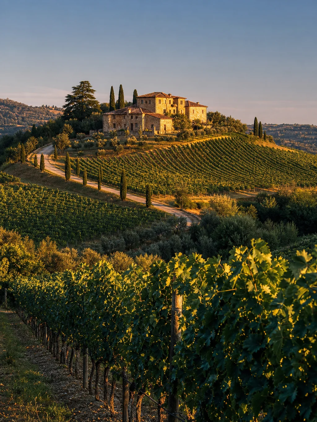 Private stone villa and cypress driveway winding across rolling golden hills in Tuscany
