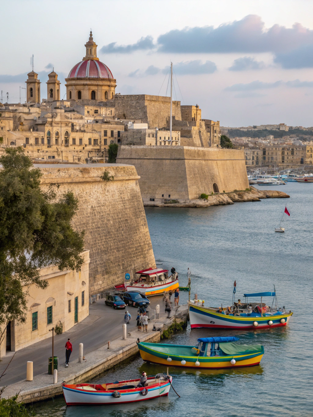 Fortified harbor city of Valletta with golden limestone architecture and deep blue waters in Malta