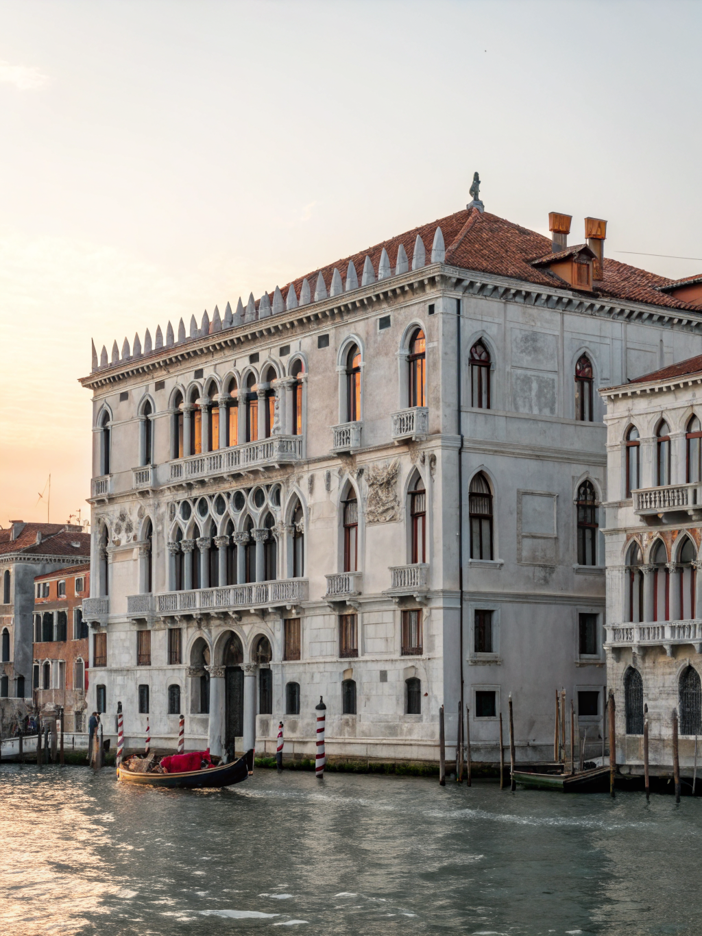 Historic gothic palaces and wooden gondolas reflecting the warm twilight glow on the Grand Canal in Venice