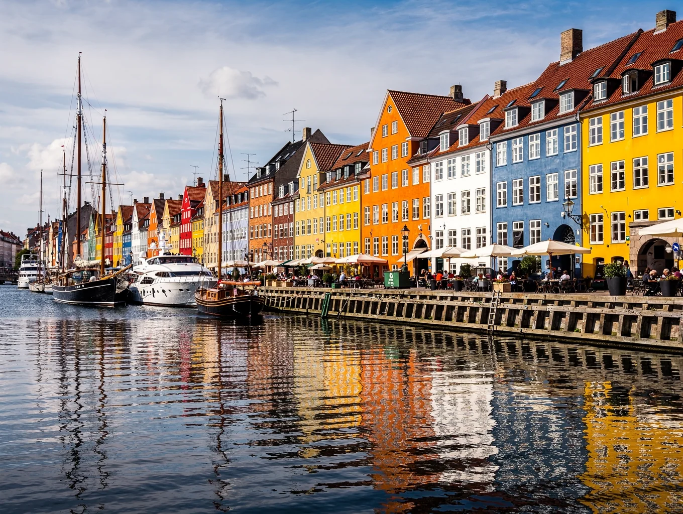 Brightly colored 17th-century townhouses and wooden canal ships in Nyhavn, Copenhagen