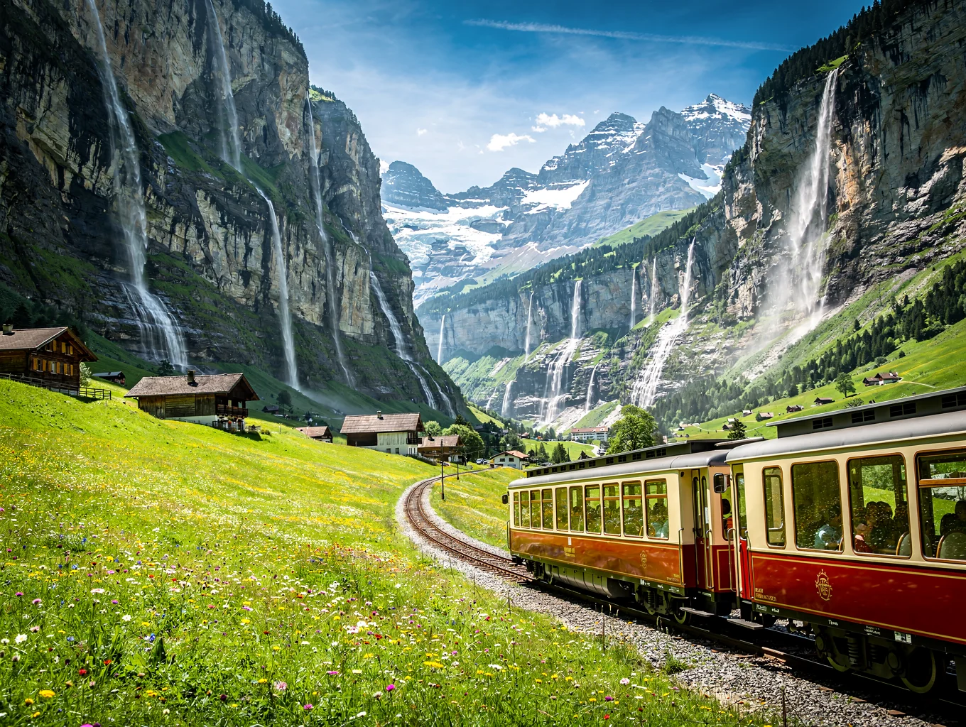 Alpine valley flanked by cliff waterfalls with wildflower meadows and a red mountain train