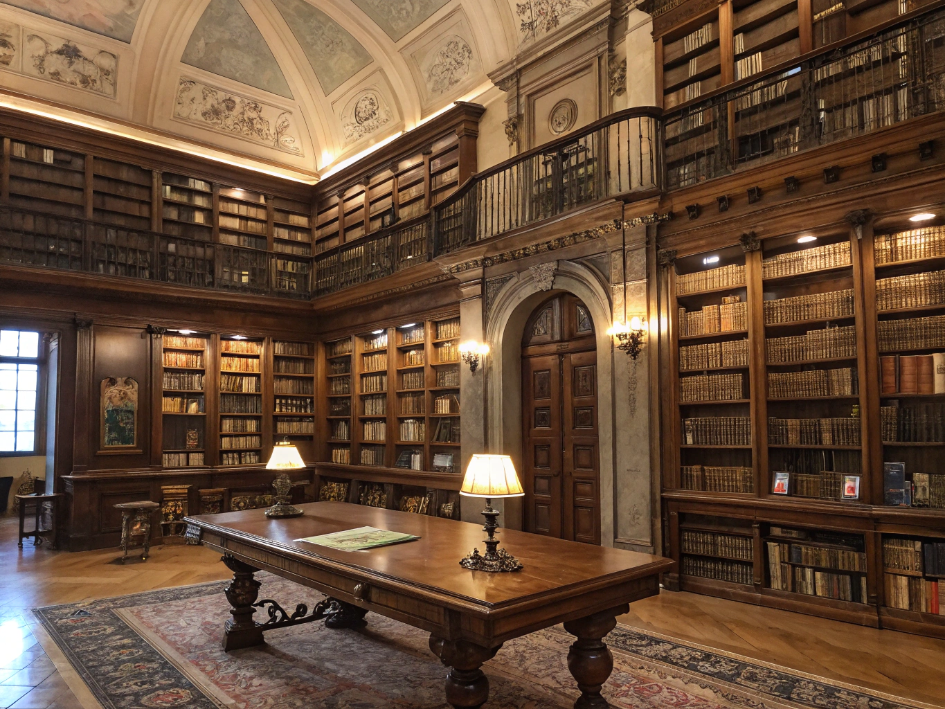 Magnificent baroque library hall lined with rich dark carved shelves and ornate gilded decoration