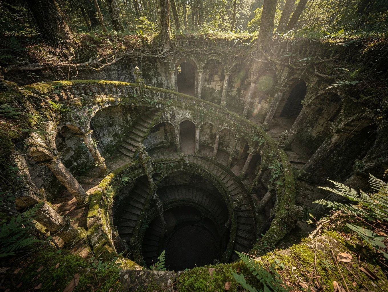 The spiraling stone initiation well enveloped in lush green moss