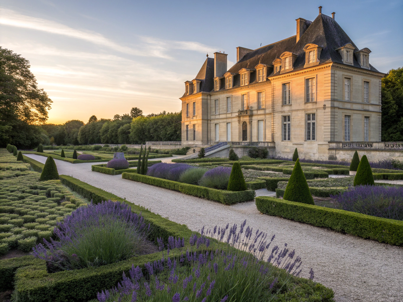 Grand historic European chateau estate surrounded by gardens