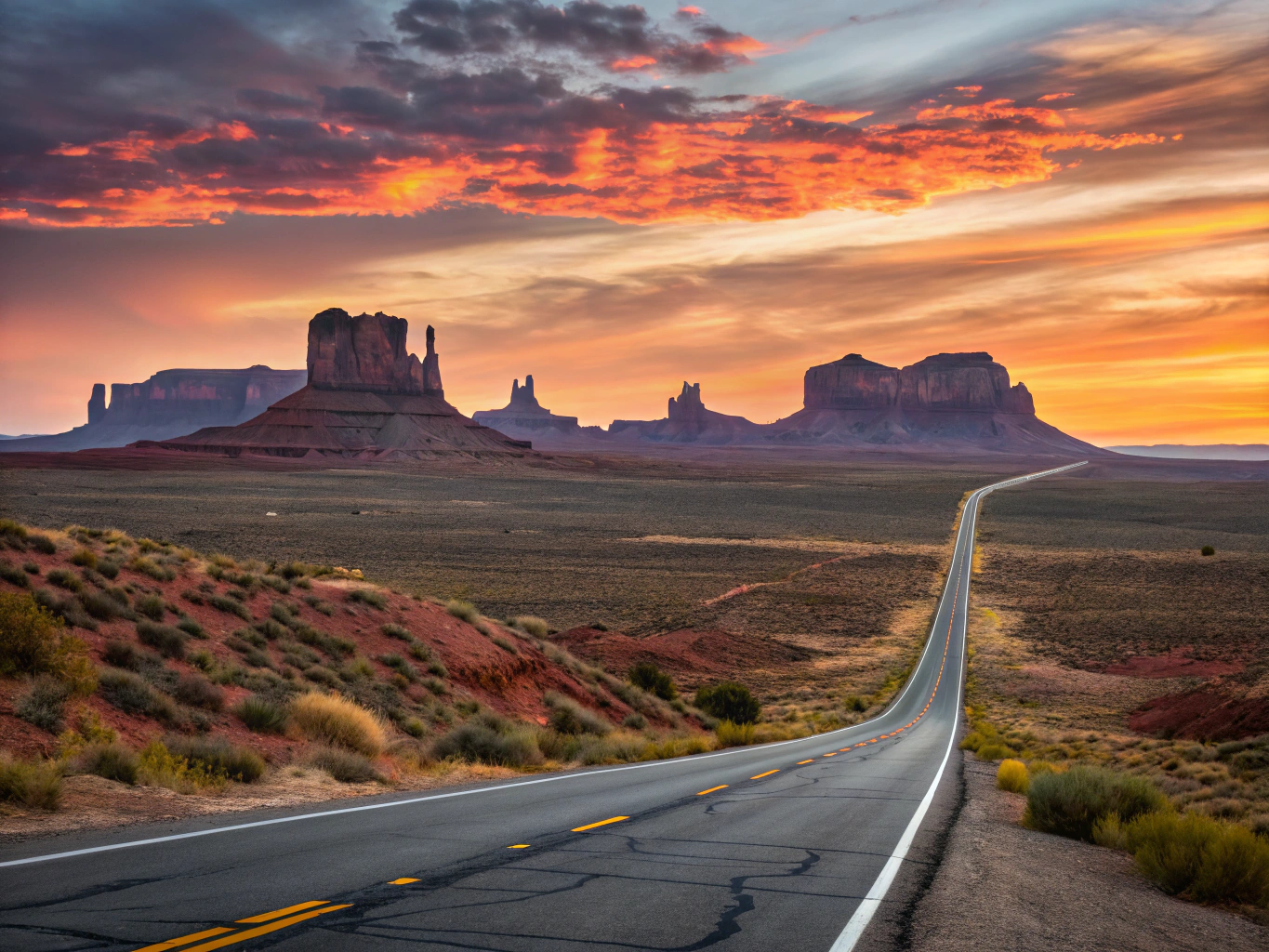 Scenic desert highway leading toward red rock buttes in clear daylight