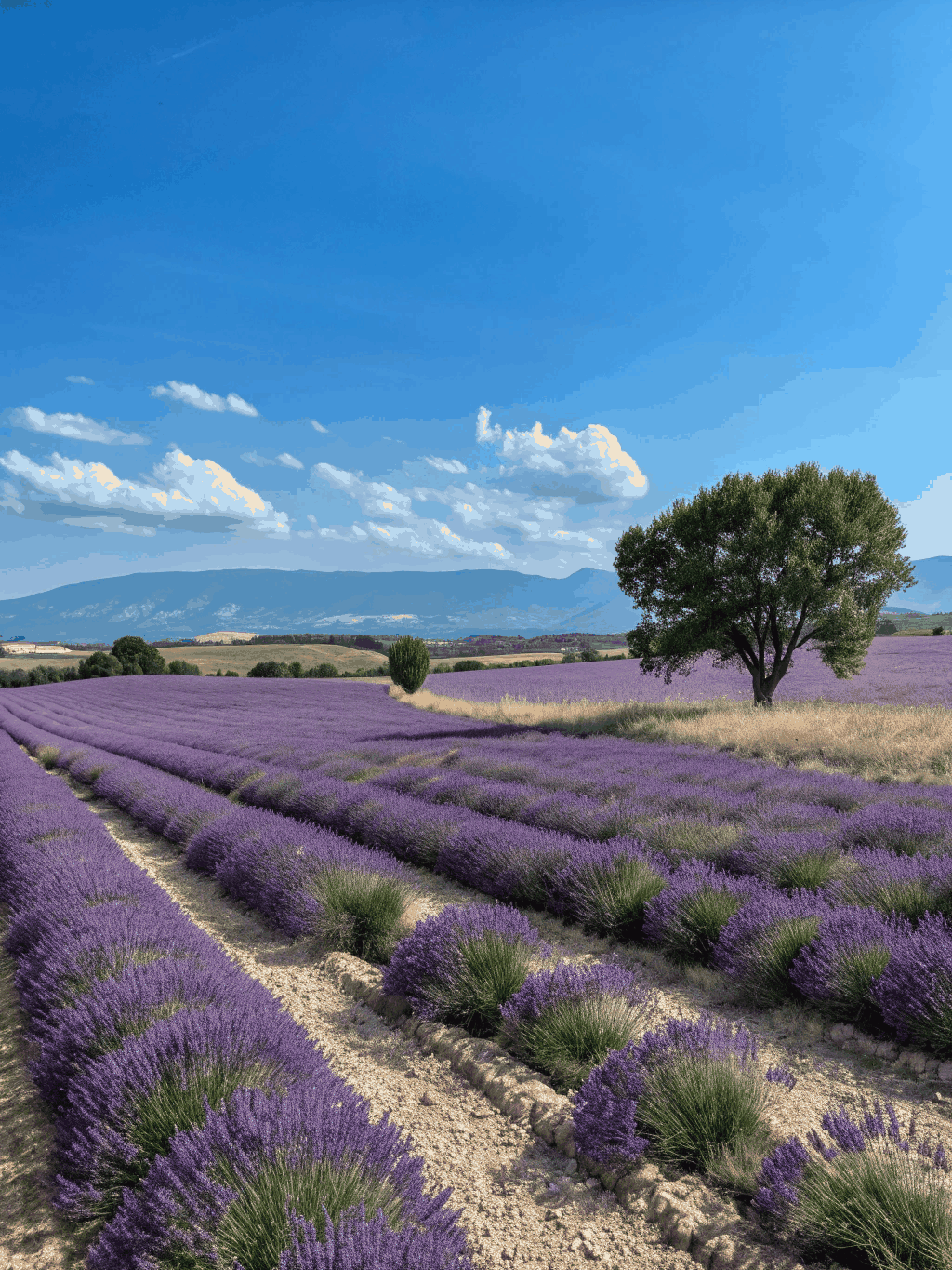 Vibrant blooming lavender fields stretching toward a hilltop Provençal village
