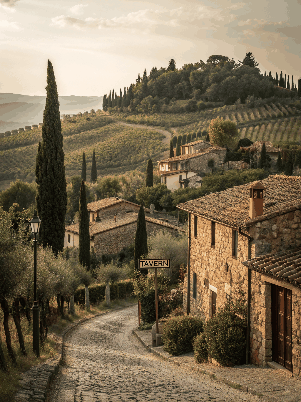 Rolling hills and line of cypress trees leading to a rustic Tuscan villa