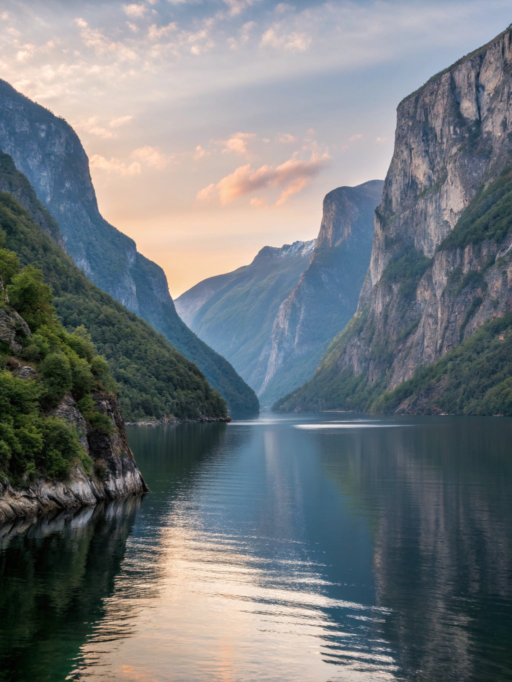 Deep blue fjord winding between towering lush green mountains in western Norway