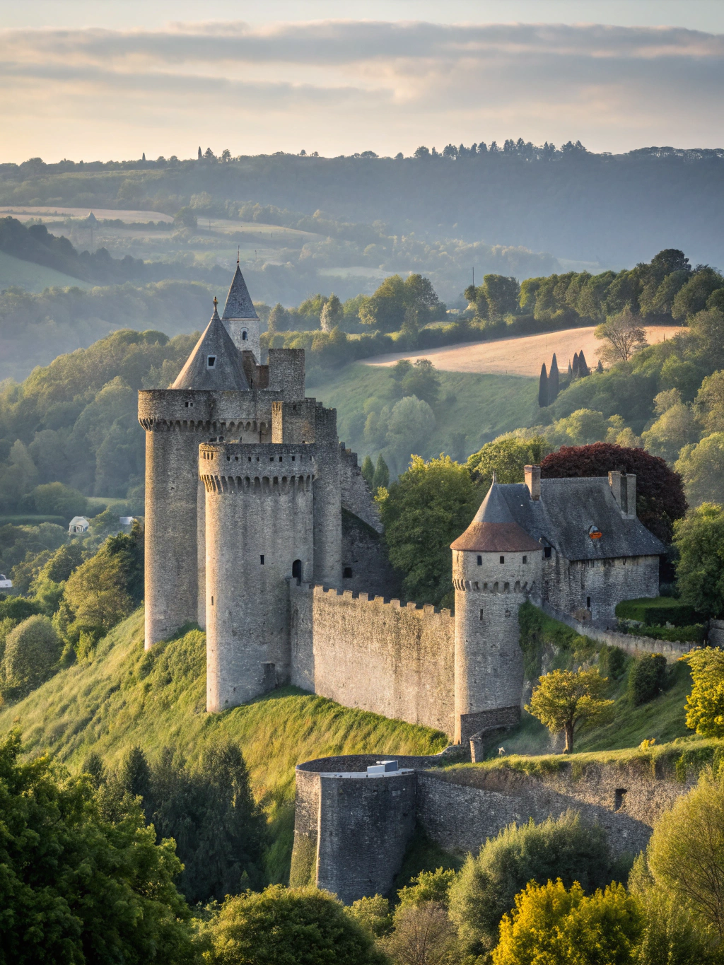 Renaissance French palace spanning gracefully across a quiet river reflex