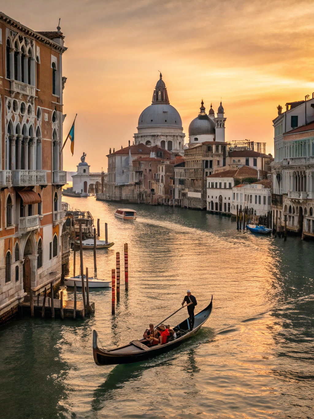Historic brick bridge and morning reflections in a tranquil Venetian side canal