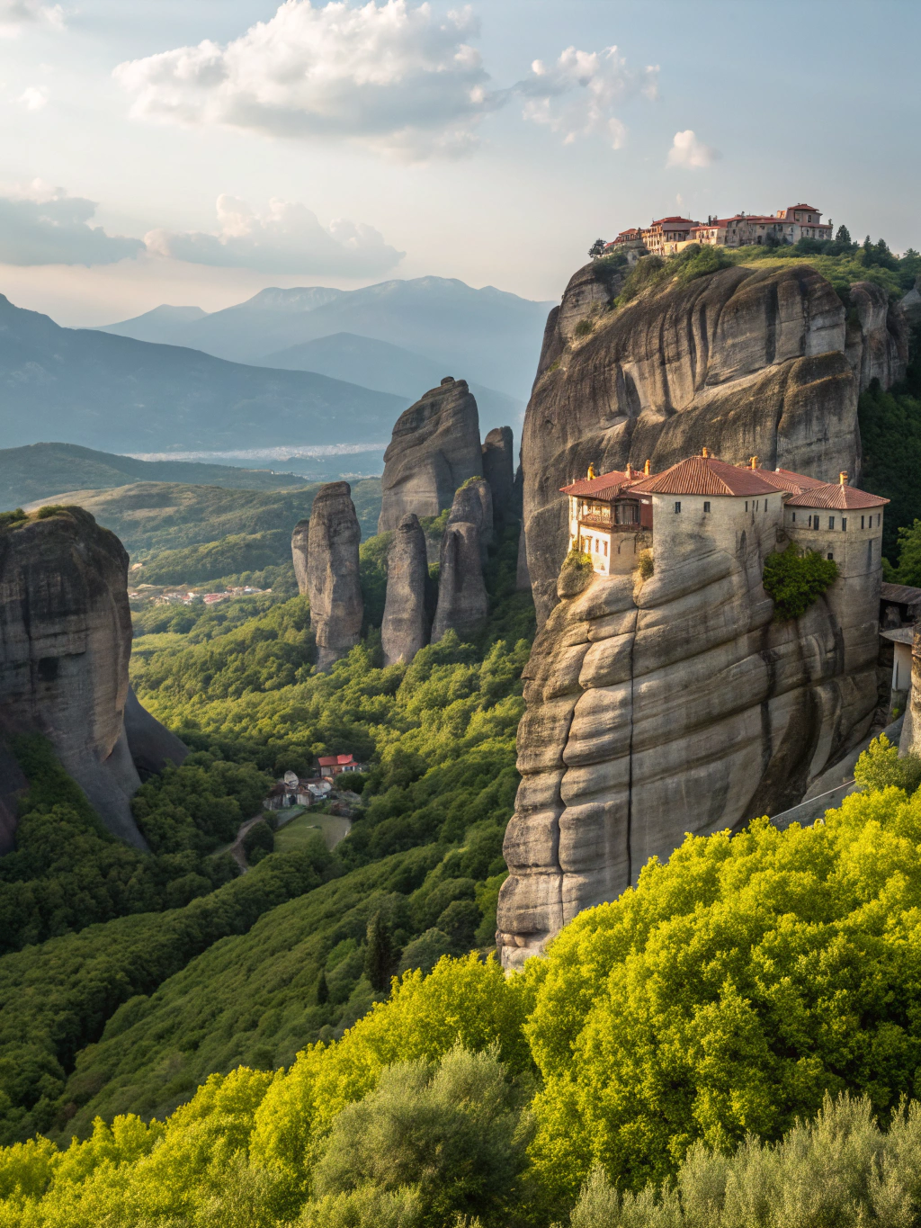 Monastery perched atop a soaring vertical sandstone pillar in Meteora Greece