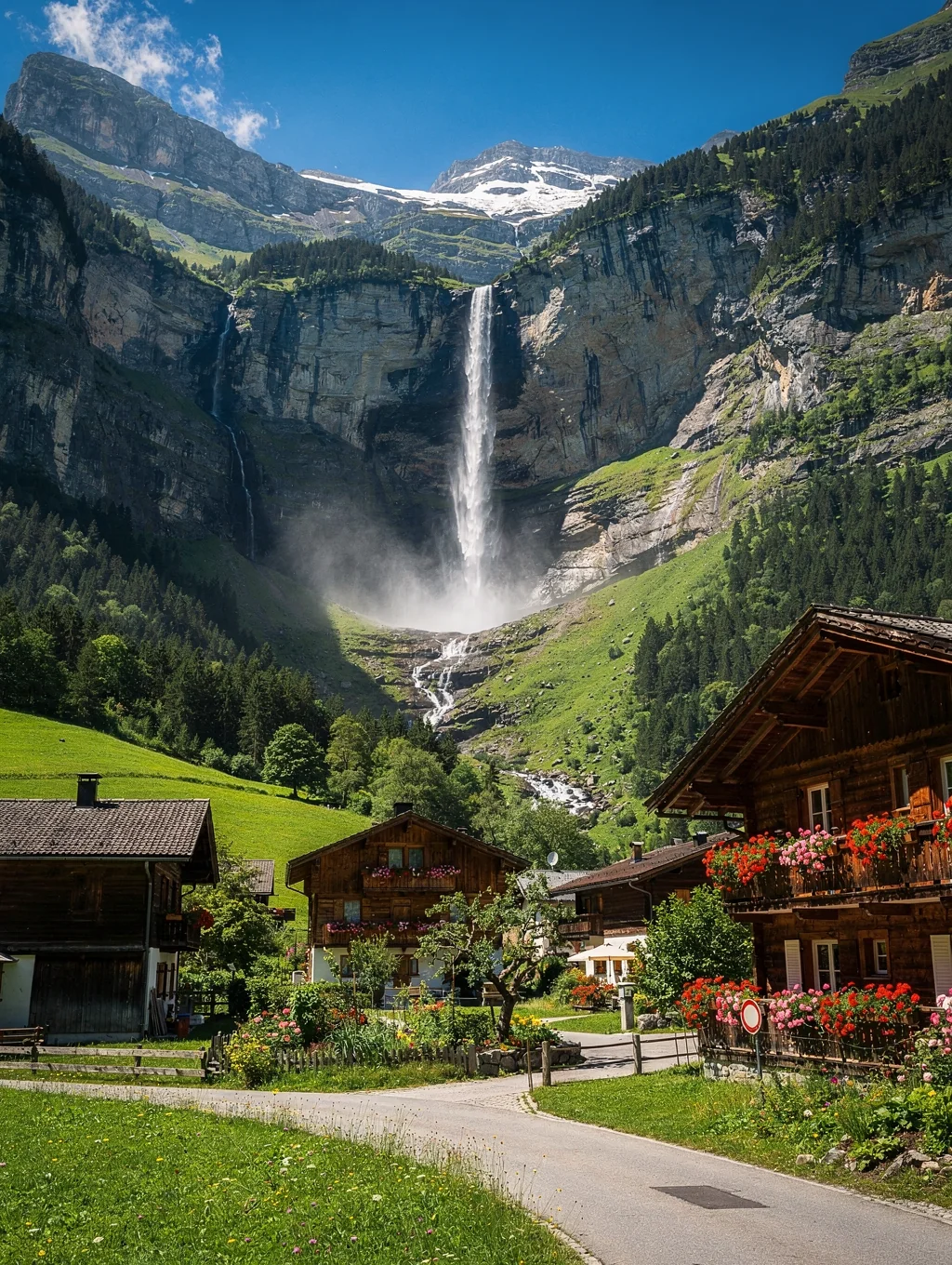Lush green Swiss valley framed by vertical rock faces and waterfall mists