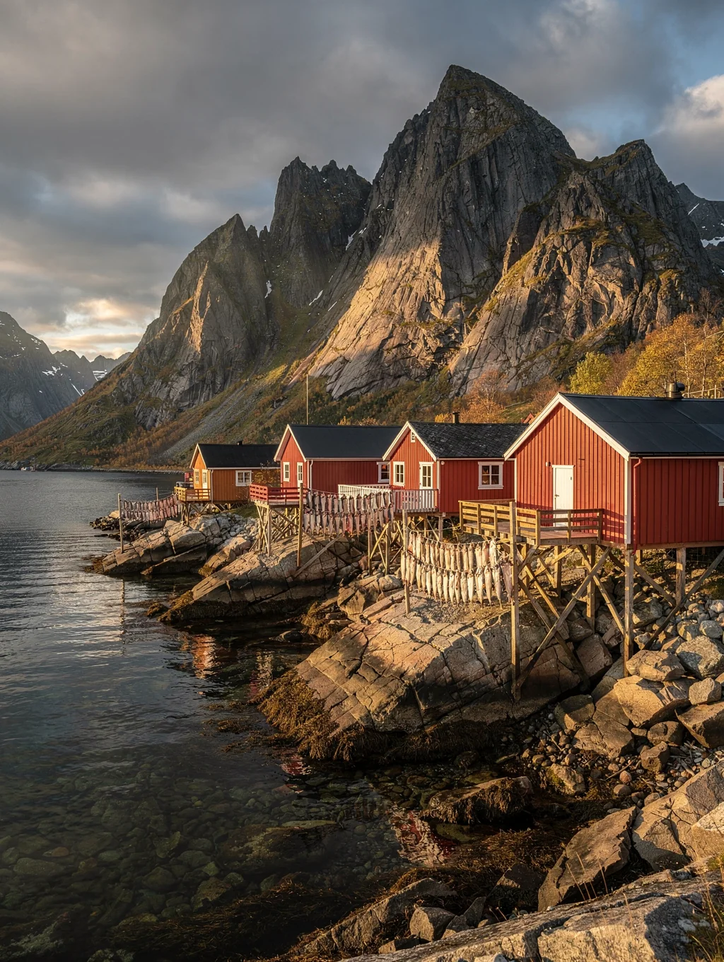 Traditional red rorbu cabins against jagged coastal mountains in Lofoten Norway
