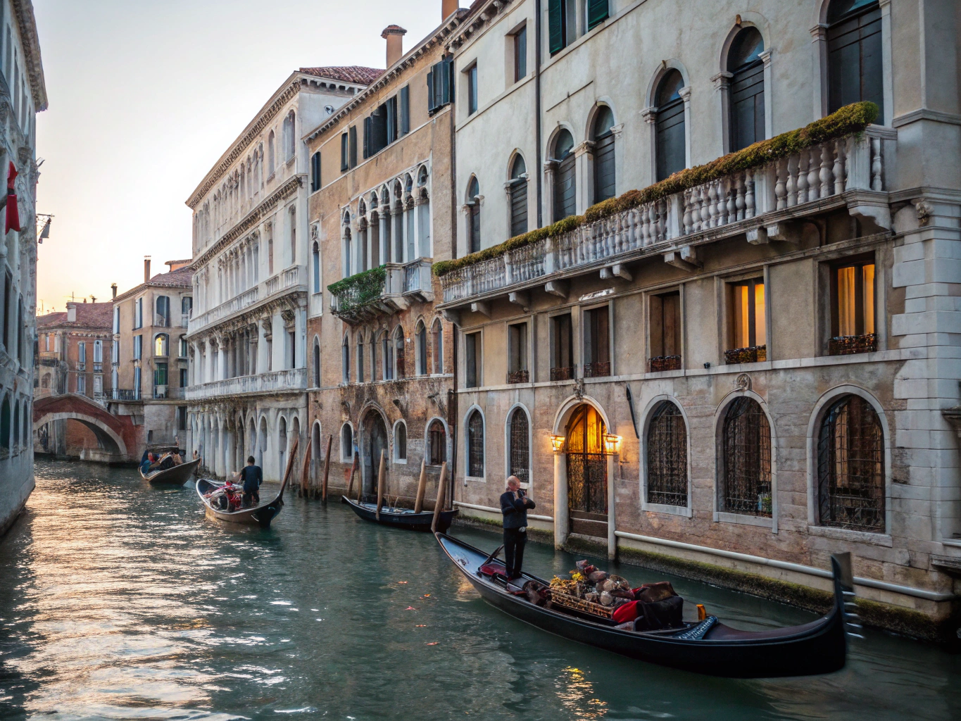 Gondolas gliding along the historic Grand Canal framed by Venetian palazzi