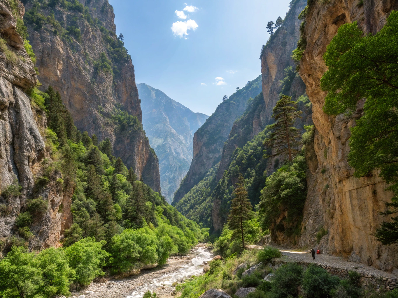 Vast rocky canyon cliffs with a winding river and a distant hiker on the gravel trail