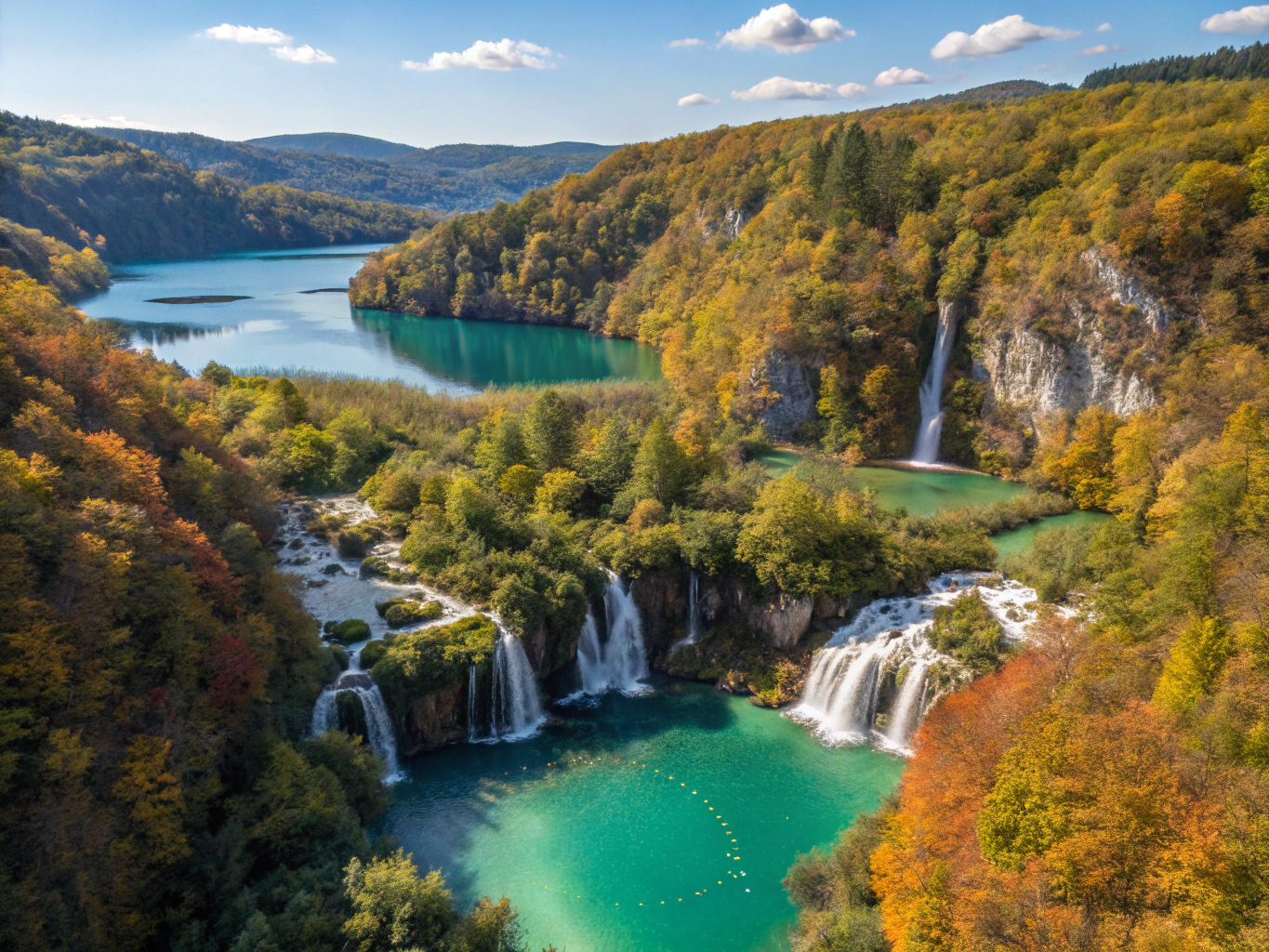 Aerial view of stepped turquoise lakes and cascades nestled in vibrant autumn forest
