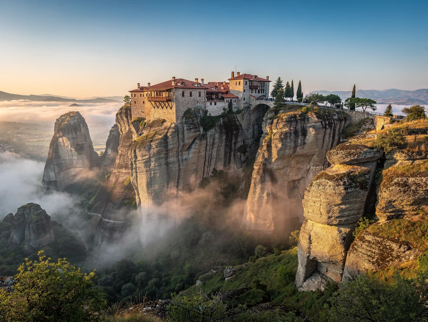 Byzantine stone monastery perched atop a precipitous rock pinnacle