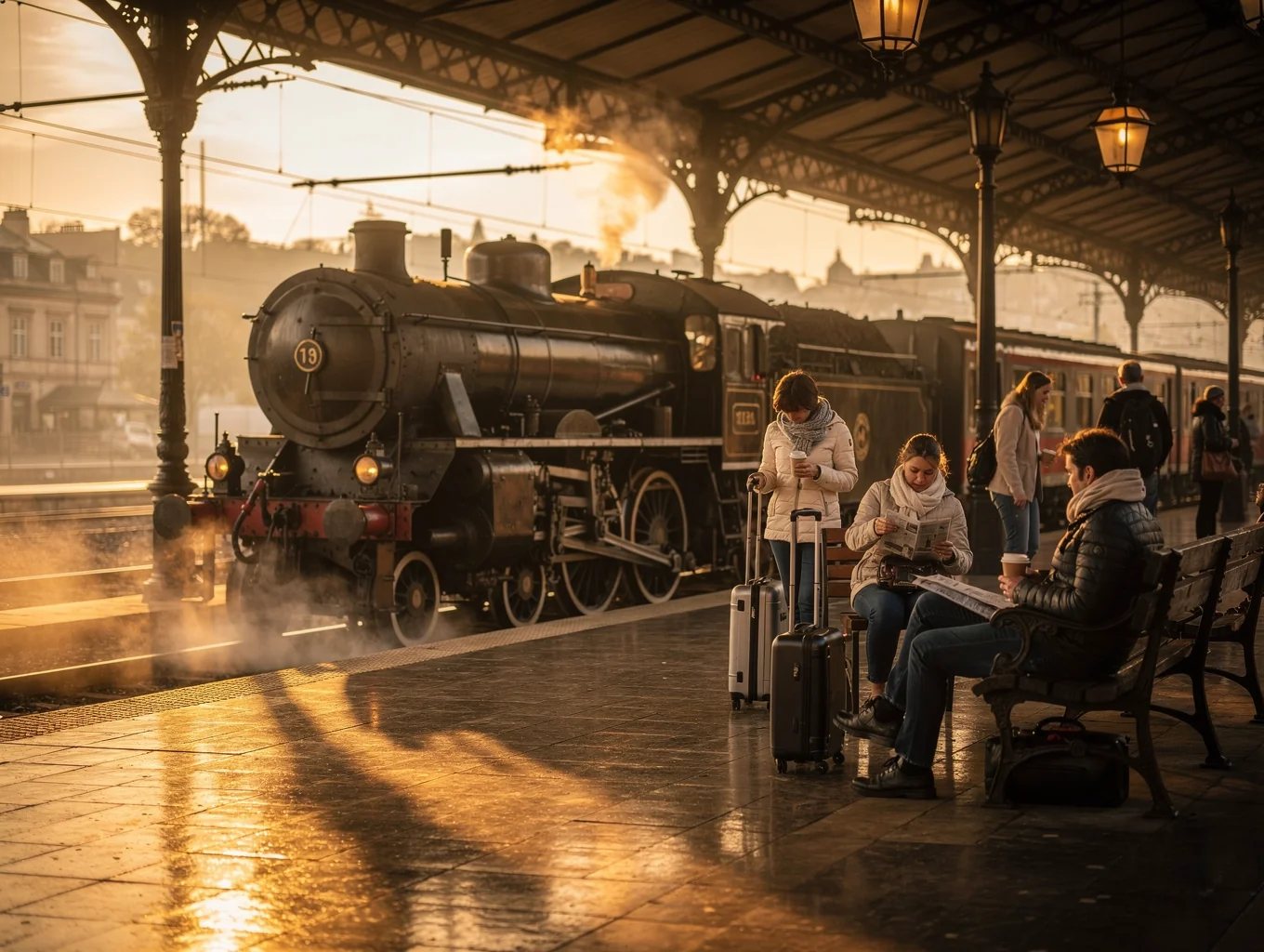 Historic European rail platform bathed in warm morning light