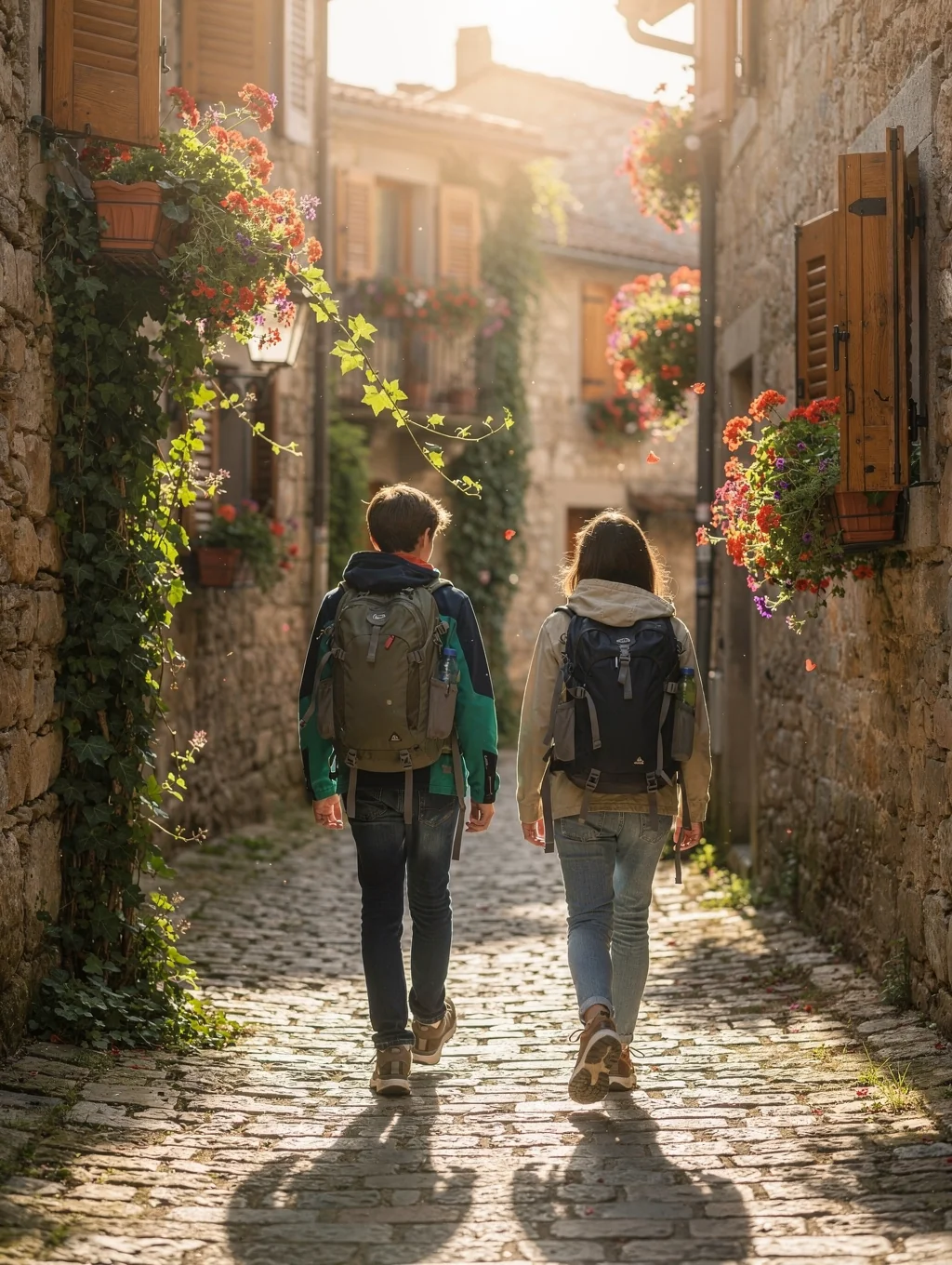 Teenage backpackers walking down a sunlit cobblestone alley in a European village