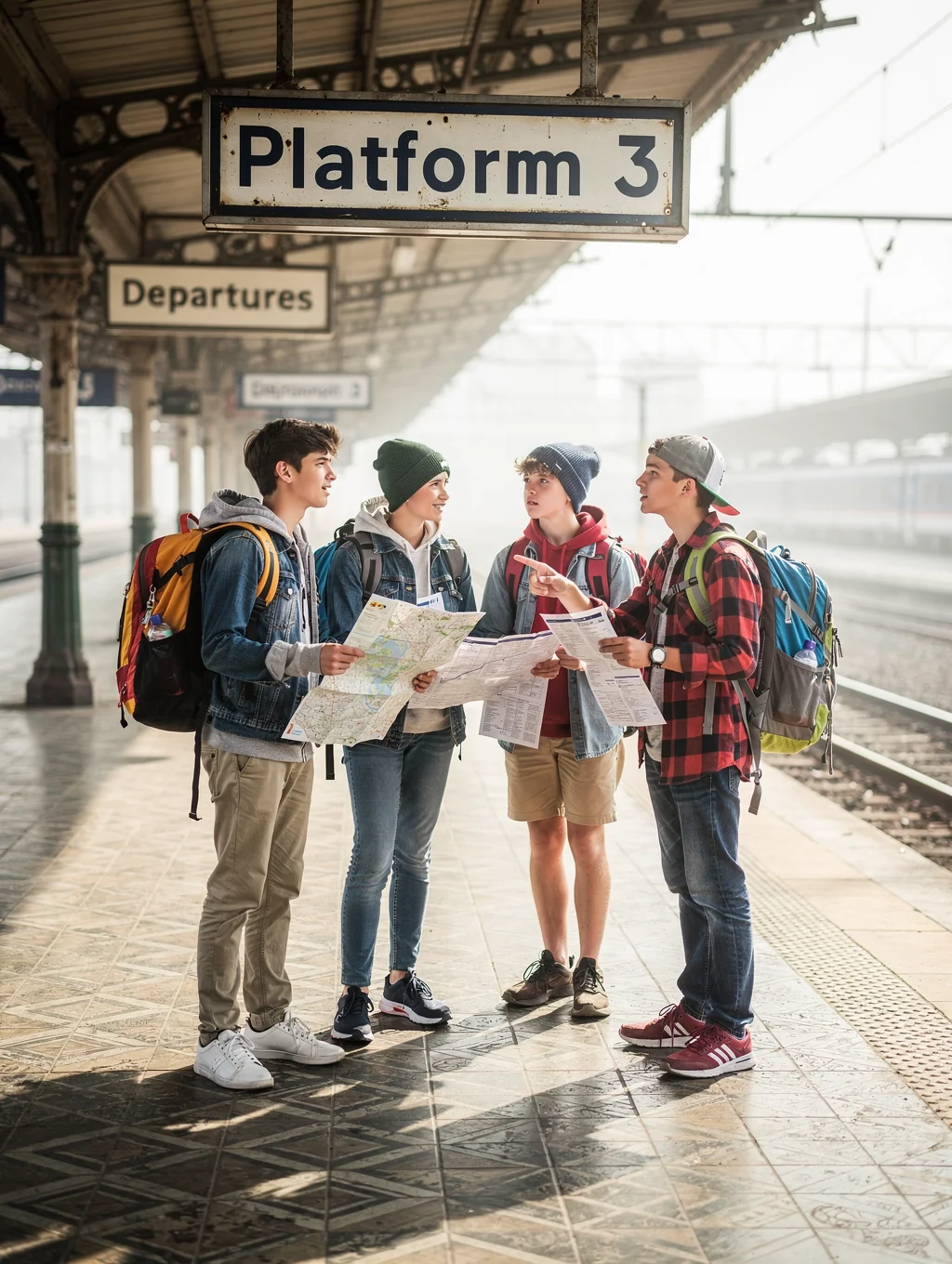 Teenage backpackers with travel packs waiting on a European train station platform