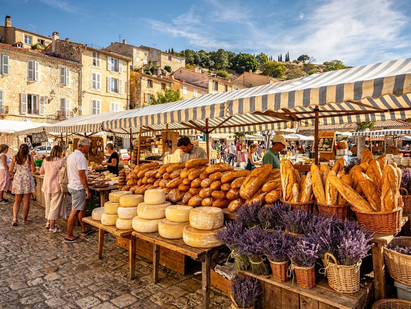 Open-air market stalls in a Provencal town with fresh bread and lavender