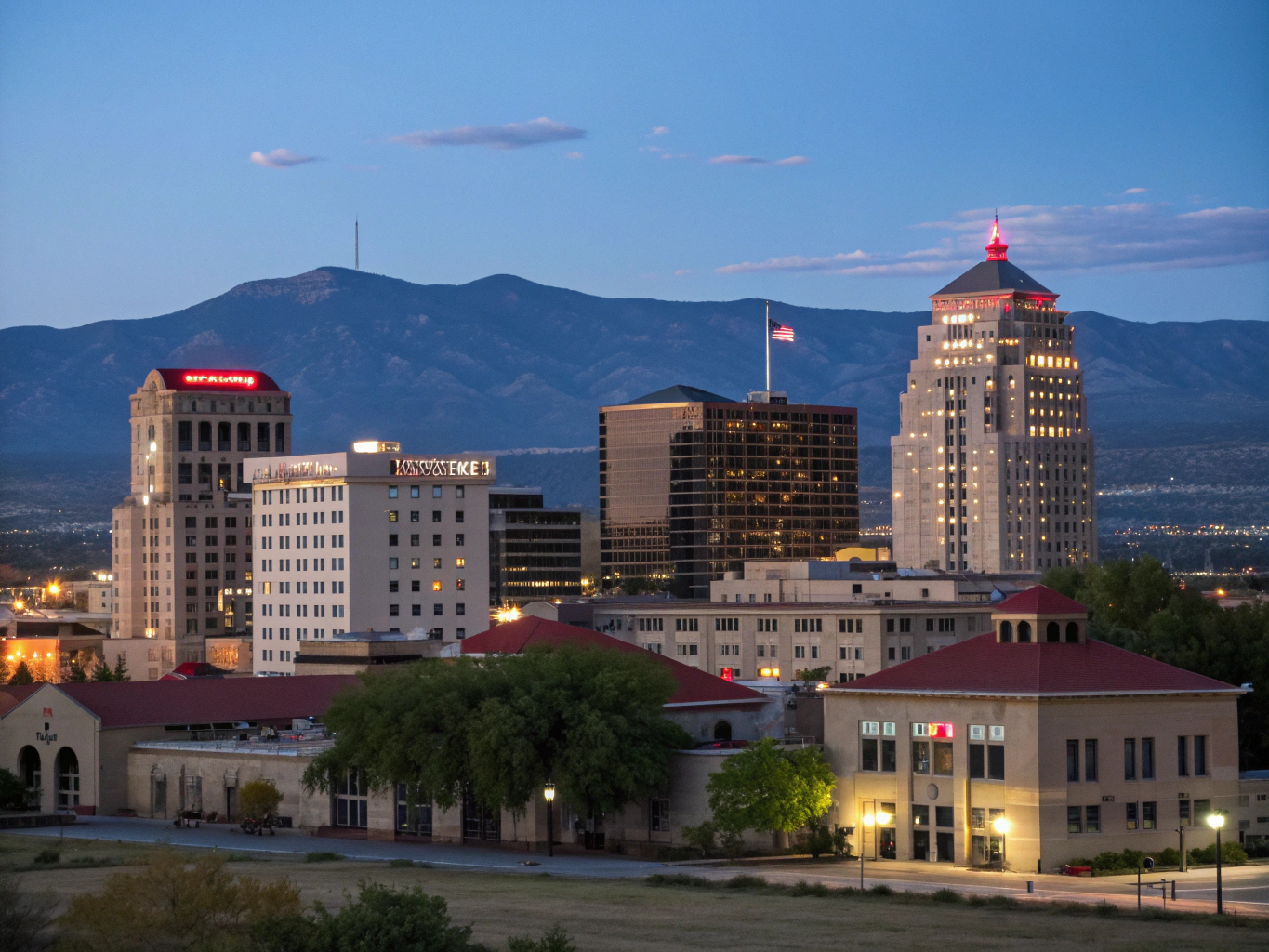 Brilliant neon lights and theater signs glowing along Central Avenue in Albuquerque