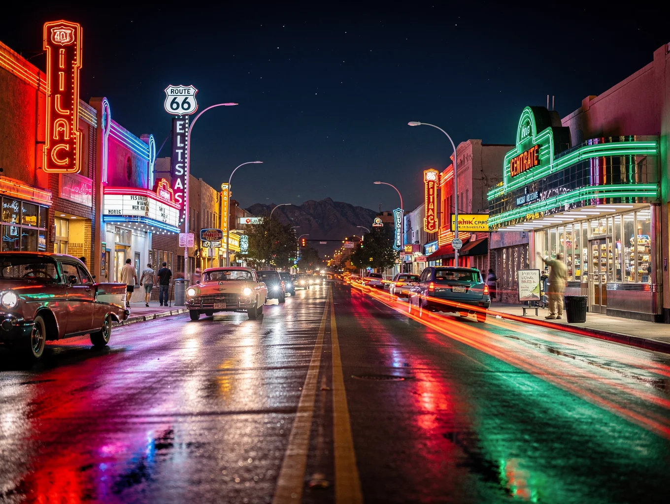Brilliant neon lights and theater signs glowing along Central Avenue in Albuquerque