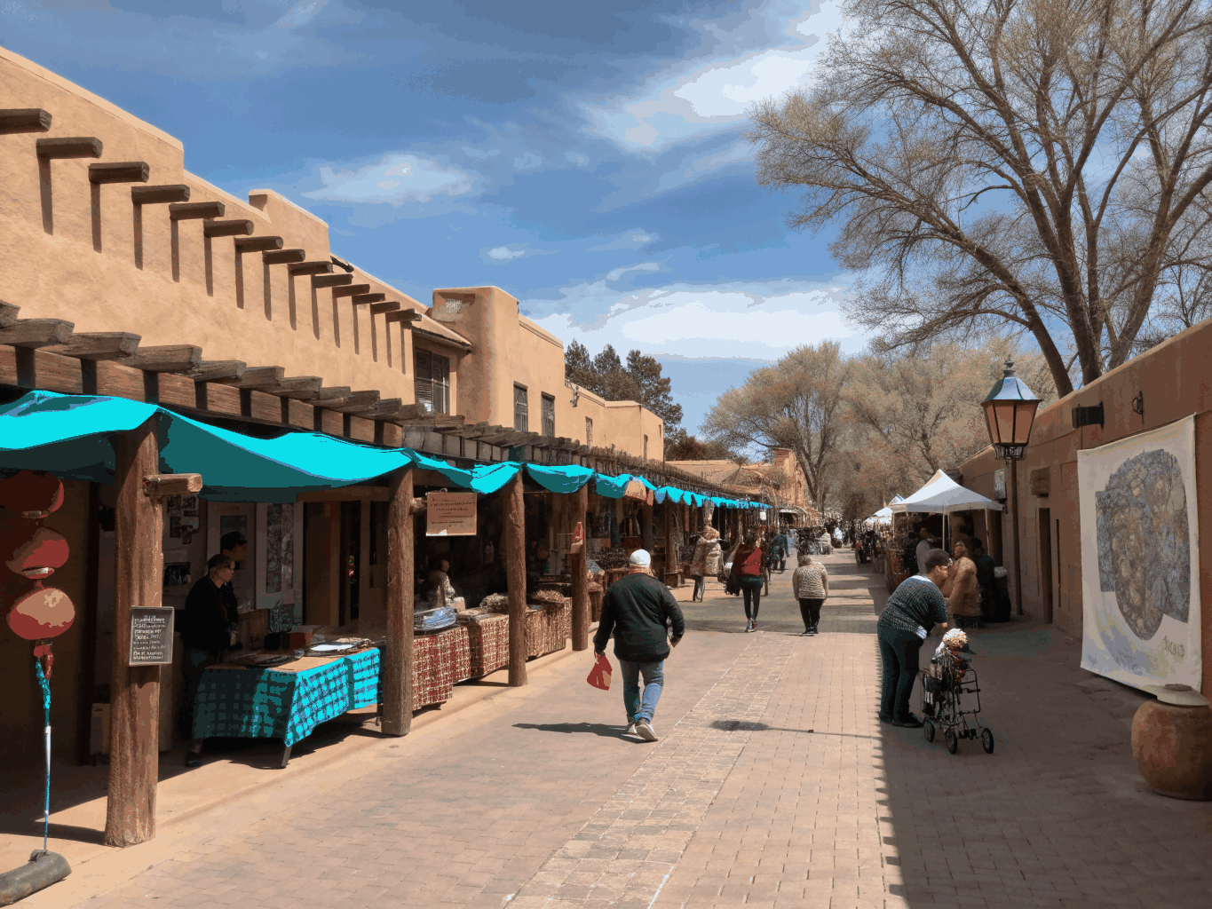 Historic adobe architecture and illuminated route signs in New Mexico