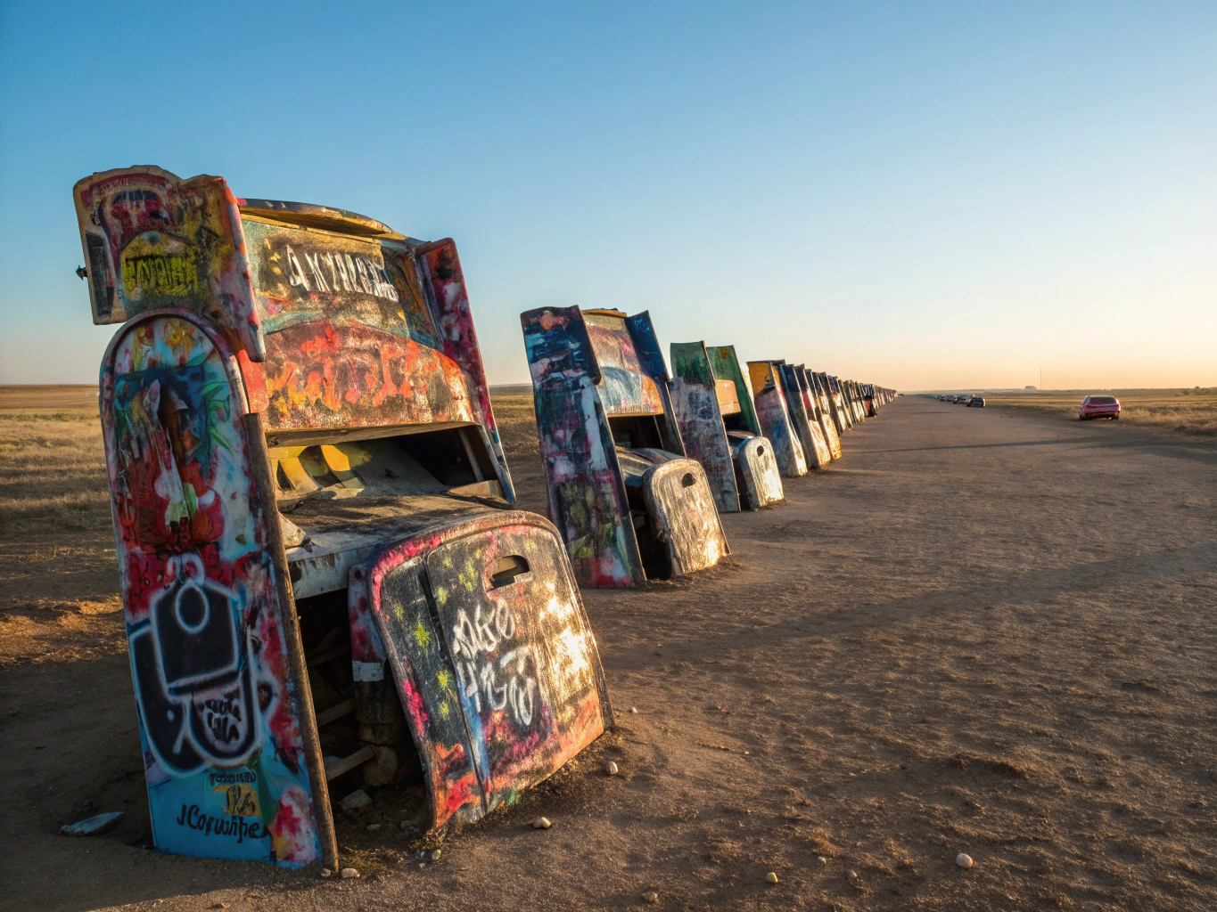 Cadillac Ranch painted cars buried in the ground in Amarillo Texas