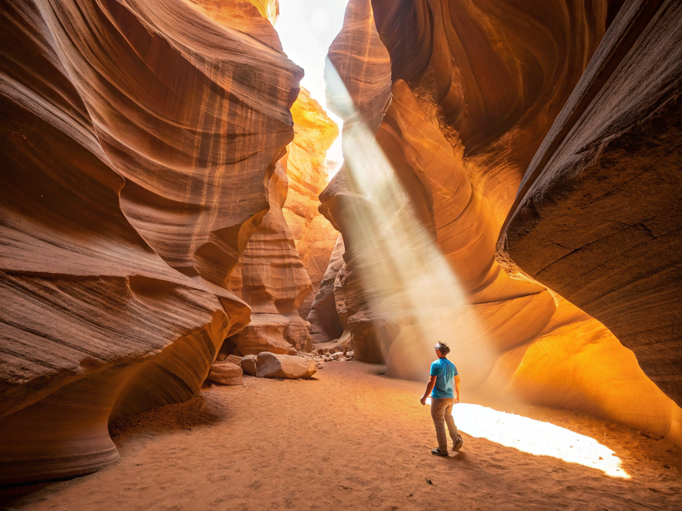 Sunlight beam cascading into the wave-like red sandstone walls of Antelope Canyon
