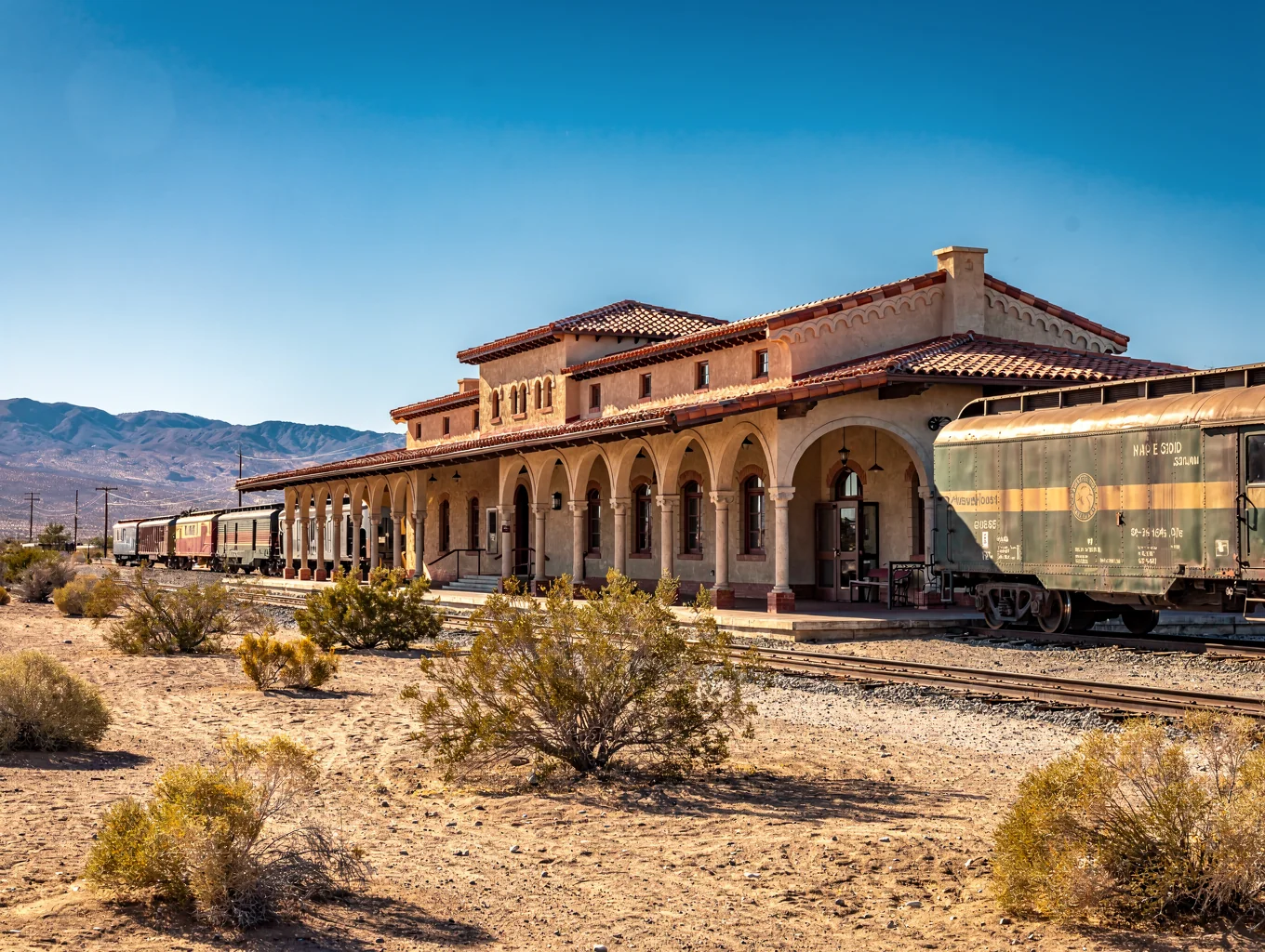 Historic Spanish Revival train depot and desert railway tracks under open Mojave sky in Barstow