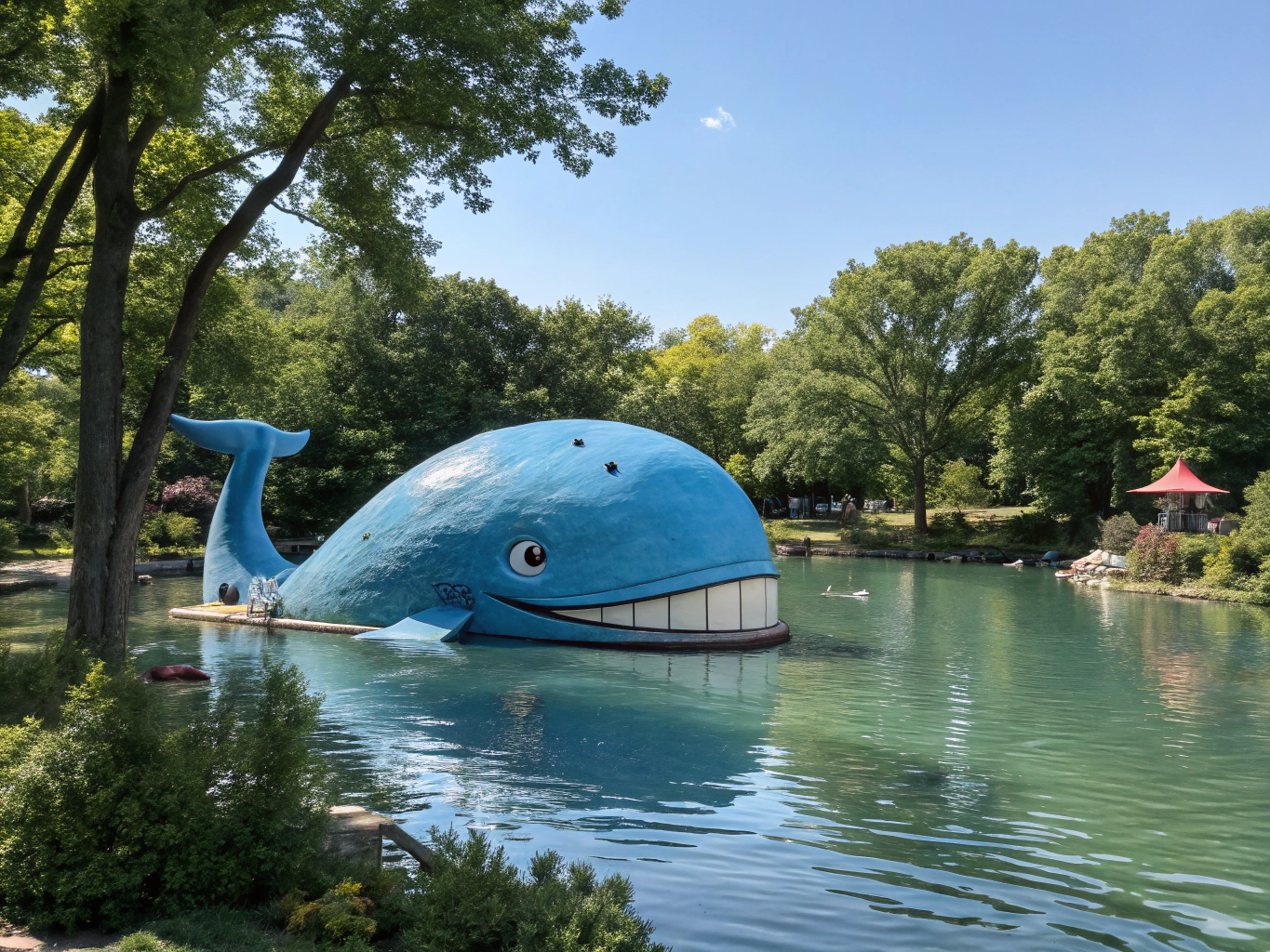 Iconic blue whale sculpture resting peacefully along a tranquil freshwater pond in Catoosa