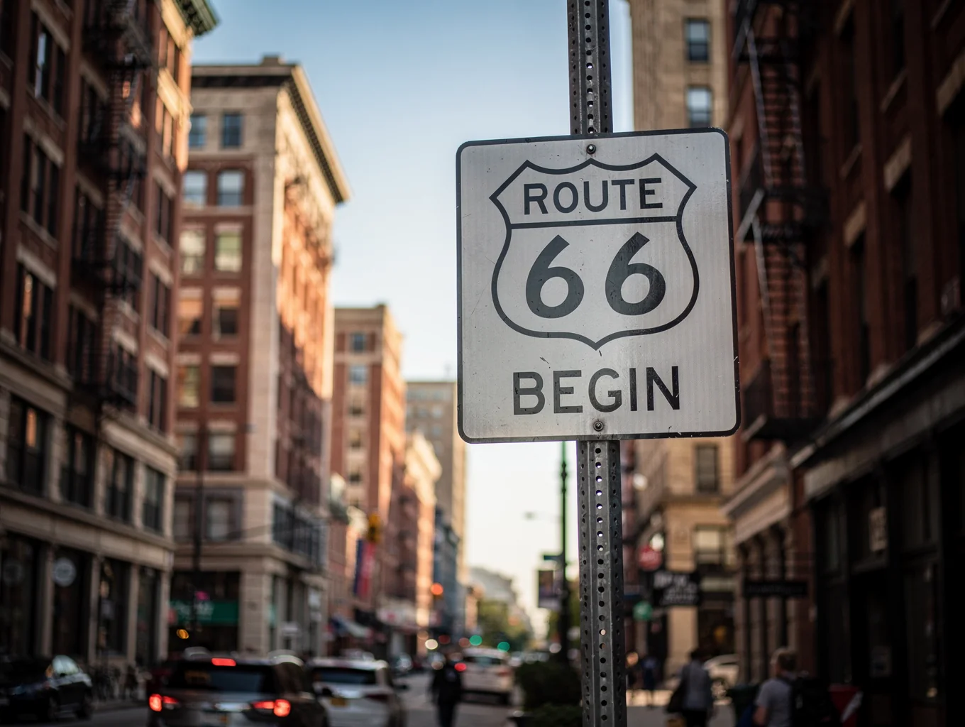 Historic Route 66 Begin street sign mounted against downtown Chicago architecture