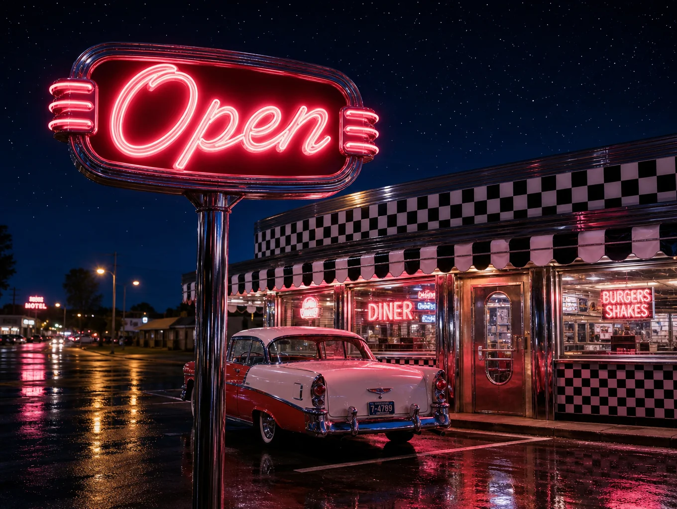 Vintage neon sign of a classic American diner shining at twilight