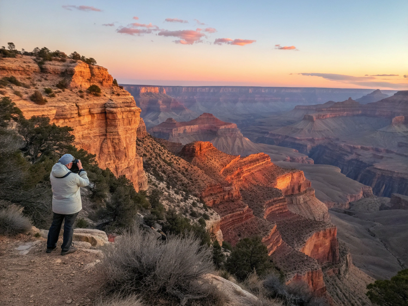 Panoramic vista over the Grand Canyon south rim at dusk