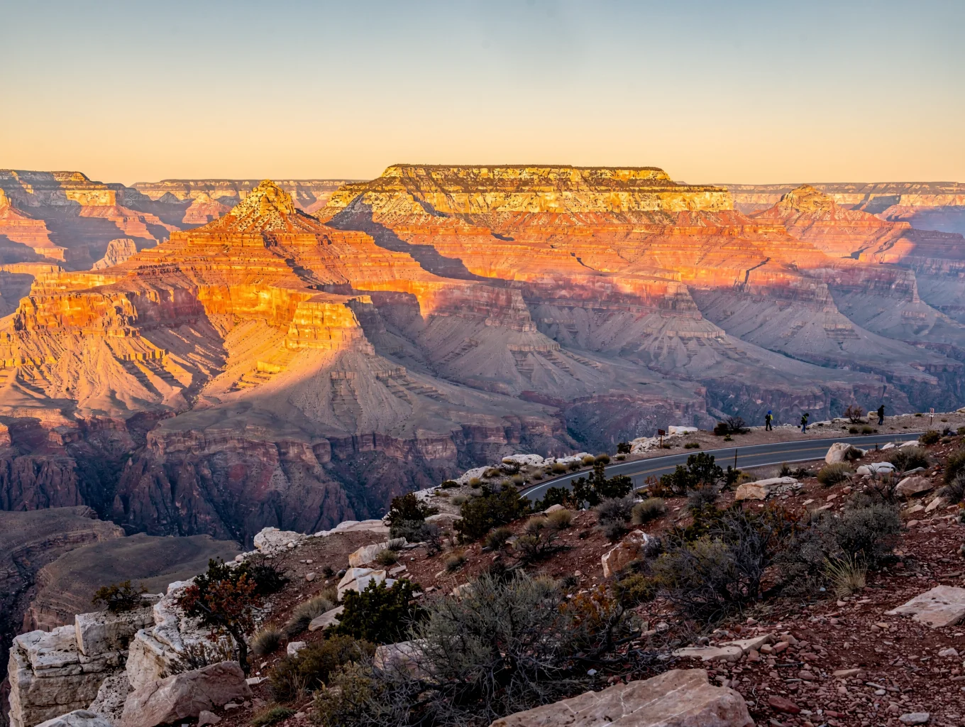 Panoramic vista over the Grand Canyon south rim at dusk