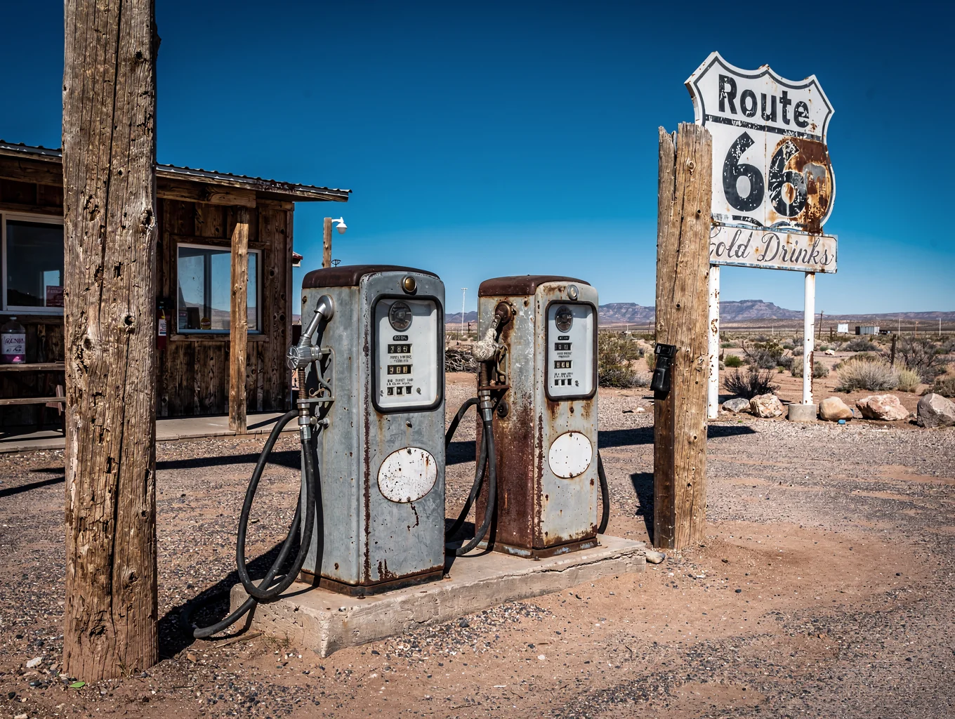 Mid-century gas station with antique fuel pumps and route memorabilia