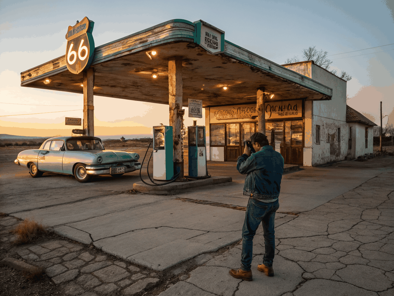 Mid-century gas station with antique fuel pumps and route memorabilia