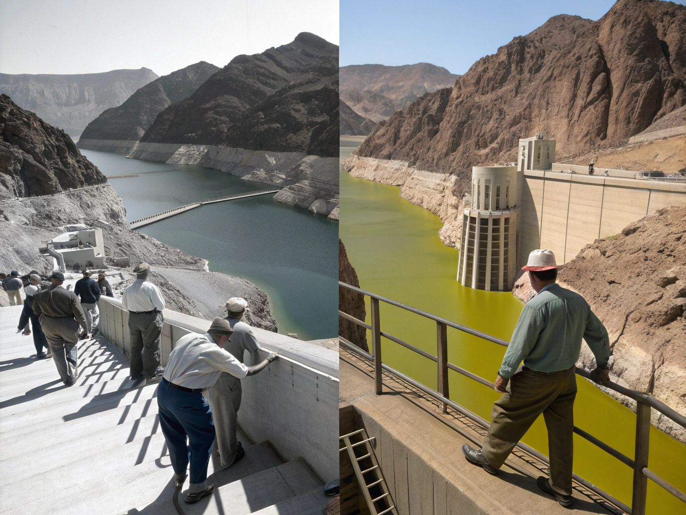 Massive concrete curved wall of the Hoover Dam spanning the Black Canyon