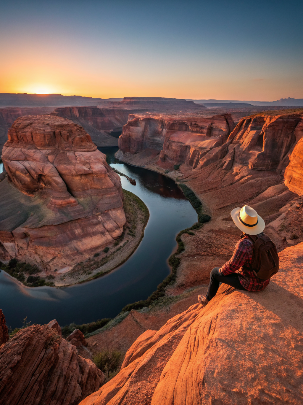 Curved panoramic bend of the Colorado River at Horseshoe Bend from high cliff ledge