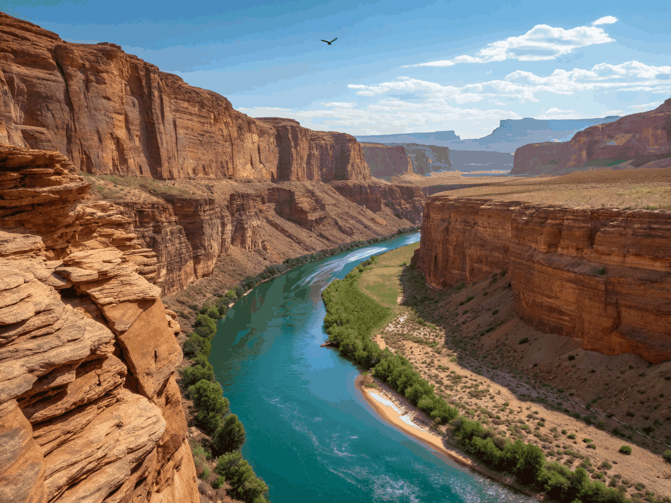 Curved panoramic bend of the Colorado River at Horseshoe Bend from high cliff ledge