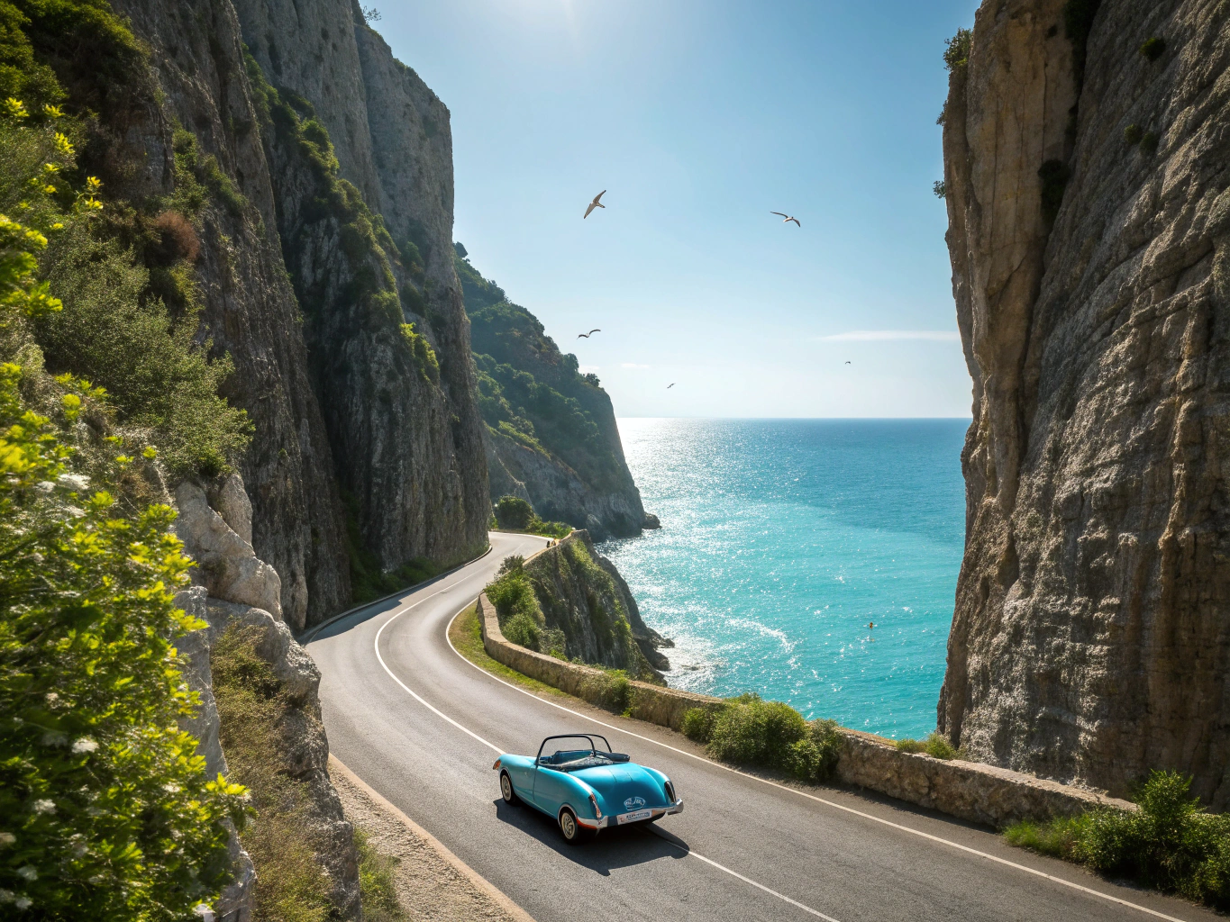 Curved mountain road passing through towering red rock canyon cliffs