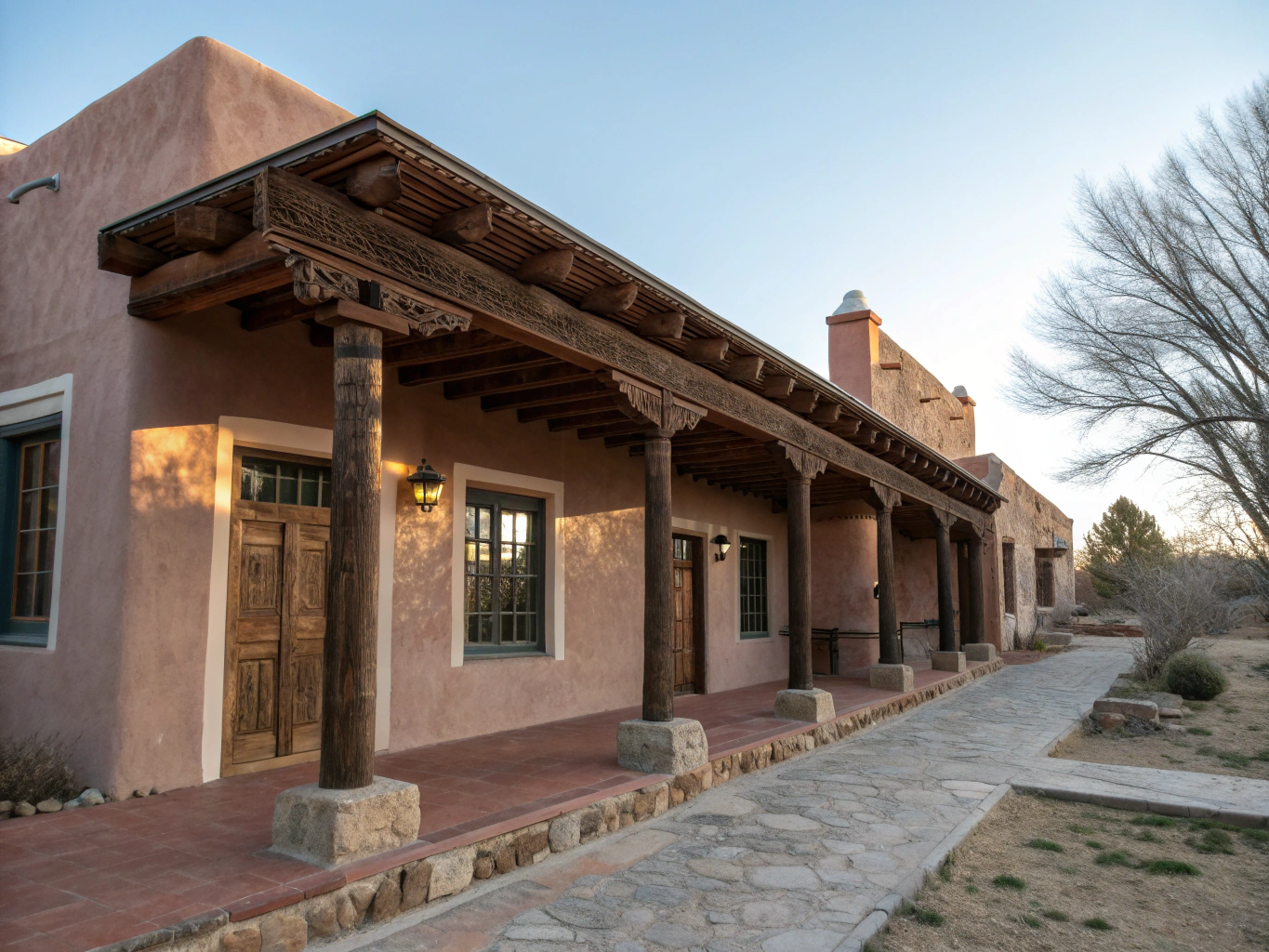 Earthy adobe architecture and sunlit desert courtyards in historic Santa Fe