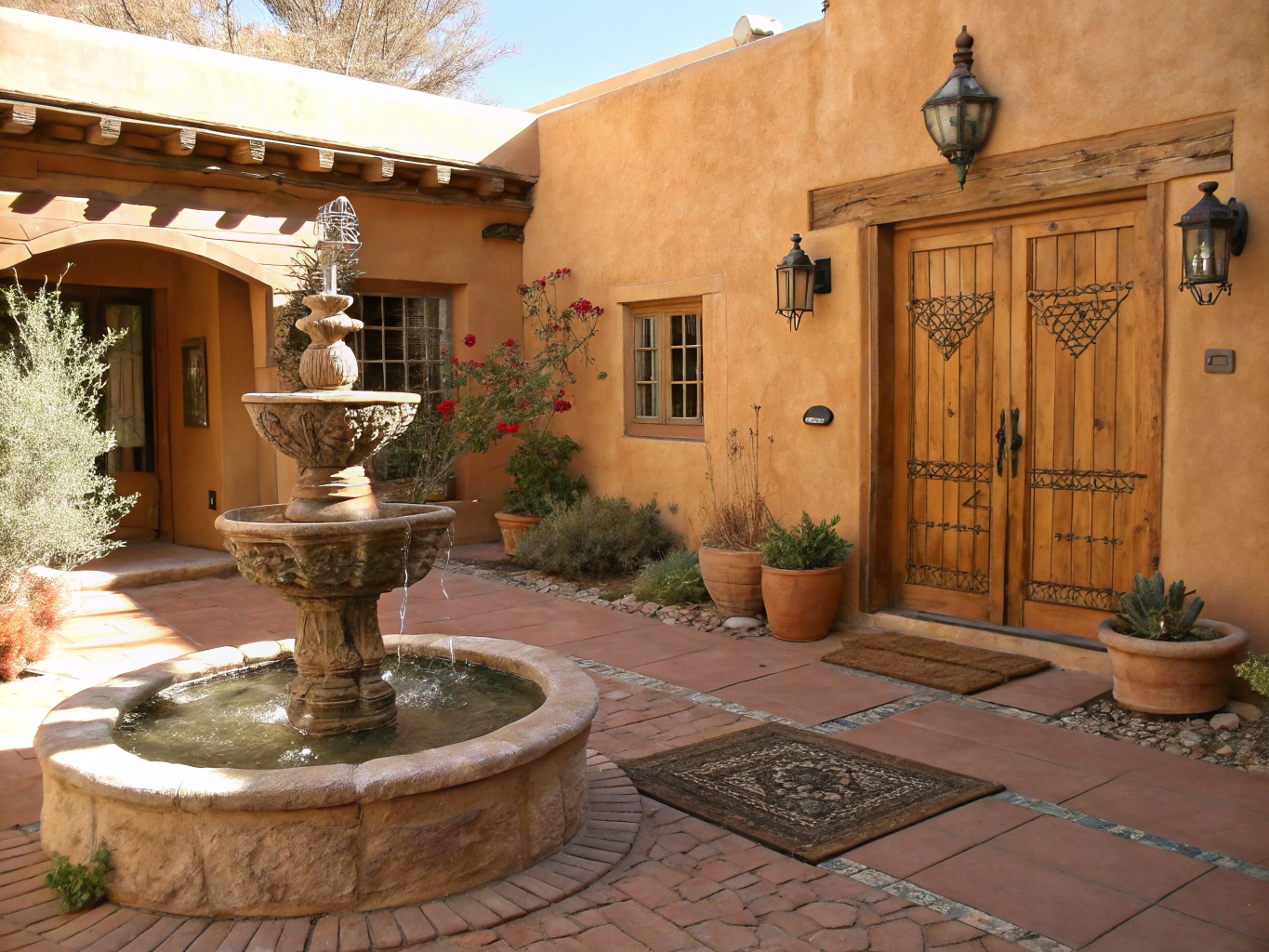 Earthy adobe architecture and sunlit desert courtyards in historic Santa Fe