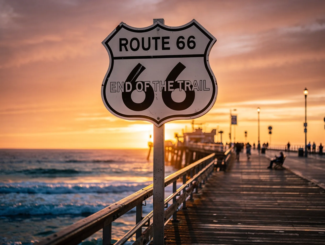 Route 66 End of the Trail commemorative sign on wooden Santa Monica Pier at sunset overlooking the Pacific