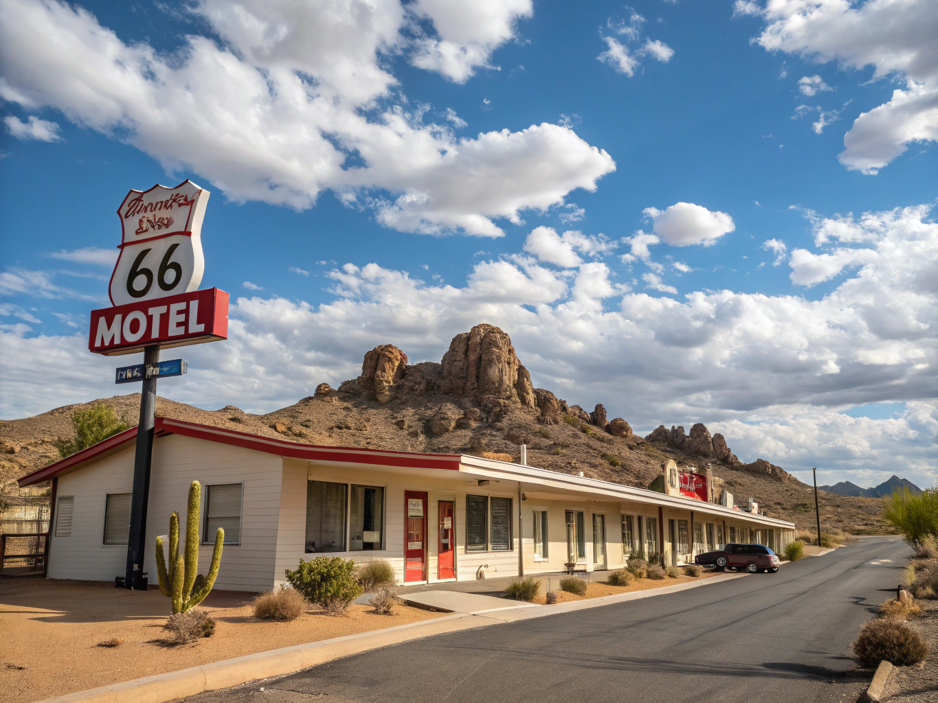 Historic Route 66 roadside signs and vintage cars under clear desert skies