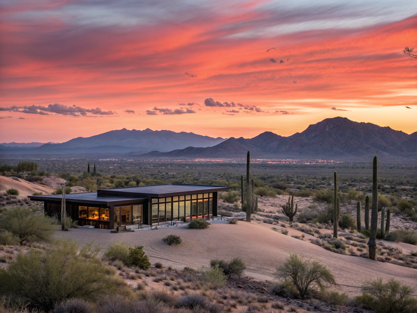Saguaro cactus silhouettes against a vivid Arizona sunset sky